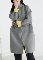 Italian Grey Hooded Pockets Side Open Cotton Coats Fall