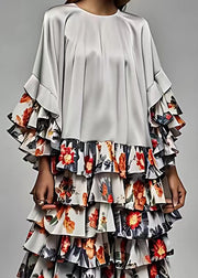 Italian Grey Layered Print Patchwork Silk Dress Butterfly Sleeve