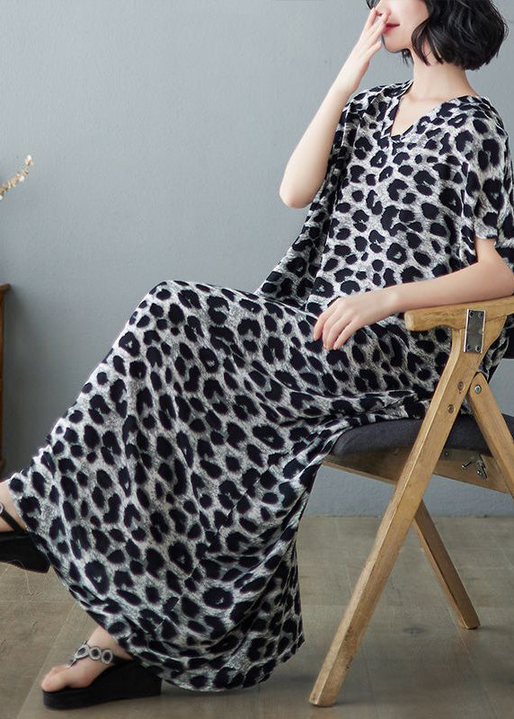 Italian Grey Leopard Print Oversized Linen Maxi Dress Summer