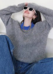 Italian Grey O Neck Mink Hair Knitted Sweater Tops Spring