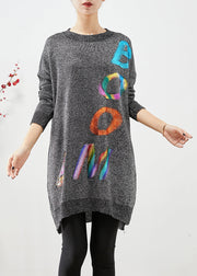 Italian Grey Oversized Letter Print Knit Sweater Dress Fall