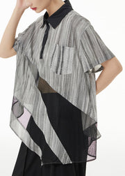 Italian Grey Peter Pan Collar Asymmetrical Patchwork Silk Blouse Summer