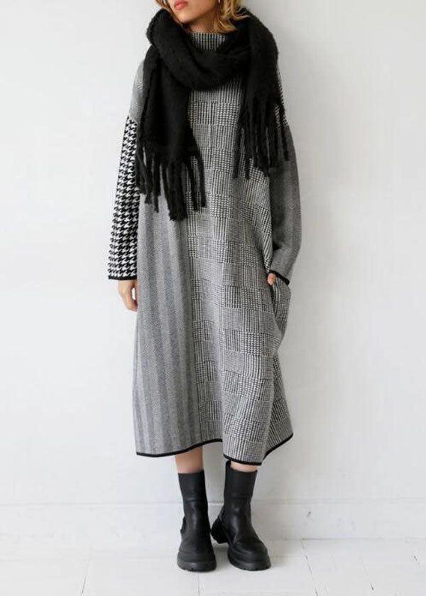 Italian Grey Plaid Hign Neck Patchwork Long Knit Dress Fall