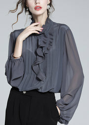 Italian Grey Ruffled Solid Silk Blouses Fall