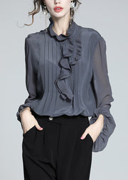 Italian Grey Ruffled Solid Silk Blouses Fall