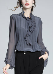 Italian Grey Ruffled Solid Silk Blouses Fall