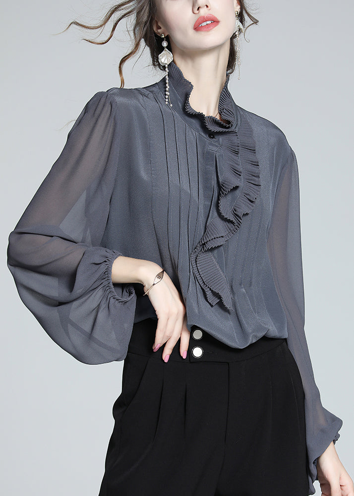 Italian Grey Ruffled Solid Silk Blouses Fall