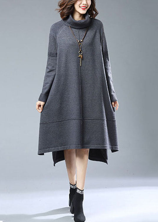 Italian Grey Turtleneck Low High Design Patchwork Woolen Dress Fall