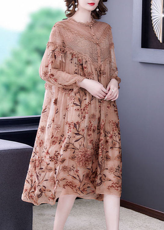 Italian Khaki Embroideried Patchwork Lace Silk Holiday Dress Spring