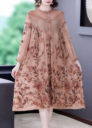 Italian Khaki Embroideried Patchwork Lace Silk Holiday Dress Spring