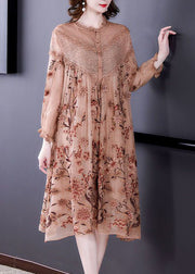 Italian Khaki Embroideried Patchwork Lace Silk Holiday Dress Spring