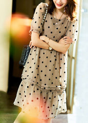 Italian Khaki O Neck Ruffled Dot Patchwork Chiffon Dresses Summer