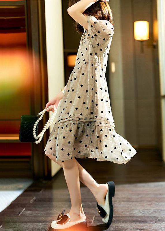 Italian Khaki O Neck Ruffled Dot Patchwork Chiffon Dresses Summer