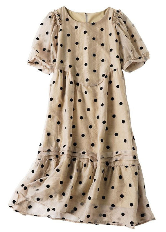 Italian Khaki O Neck Ruffled Dot Patchwork Chiffon Dresses Summer