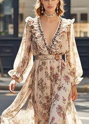 Italian Khaki Ruffled Print Chiffon Vacation Dress Fall