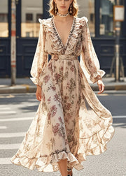 Italian Khaki Ruffled Print Chiffon Vacation Dress Fall