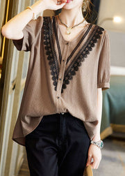 Italian Khaki V Neck Lace Button Patchwork Cotton Shirt Summer