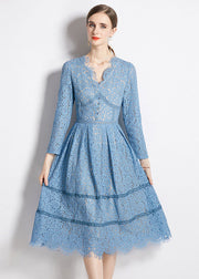 Italian Lake Blue V Neck Button Lace Cinch Dress Fall