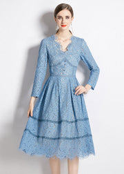 Italian Lake Blue V Neck Button Lace Cinch Dress Fall