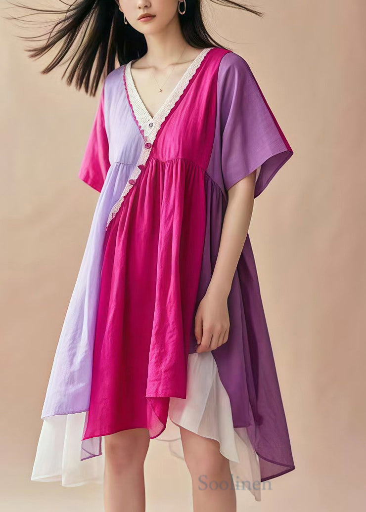 Italian Lavender V Neck Patchwork Cotton Mid Dress Summer