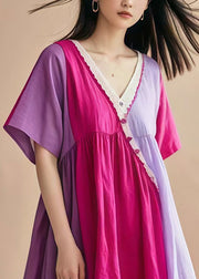 Italian Lavender V Neck Patchwork Cotton Mid Dress Summer