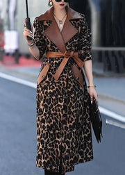 Italian Leopard Notched Tie Waist Cotton Long Trench Coat Fall