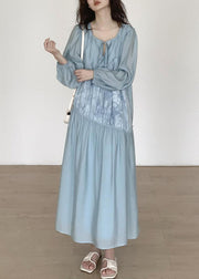 Italian Light Blue Lace Up Ruffled Chiffon Long Dresses Spring