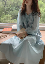 Italian Light Blue Lace Up Ruffled Chiffon Long Dresses Spring