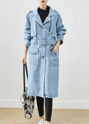 Italian Light Blue Notched Tie Waist Denim Trench Coat Fall