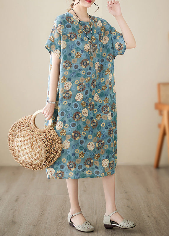 Italian Light Blue Print Cotton Party Long Dress Summer