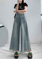 Italian Light Blue Tasseled Pockets Denim Wide Leg Pants Spring