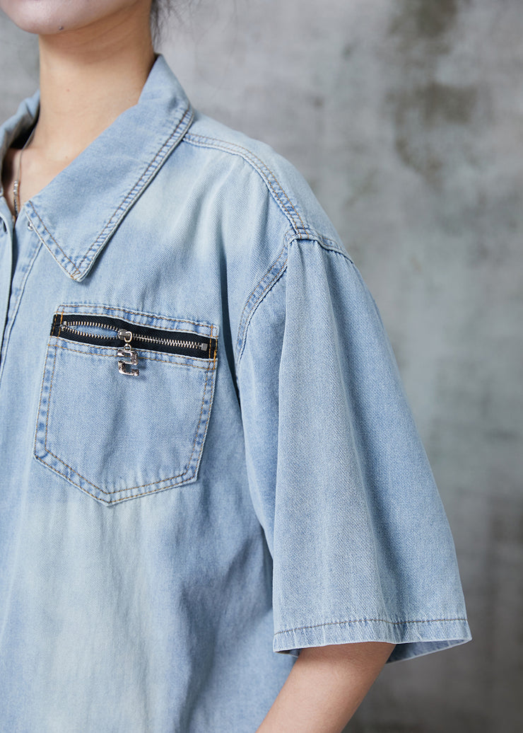 Italian Light Blue Zip Up Denim Loose Shirt Tops Summer