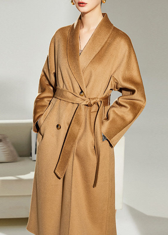 Italian Light Camel Turn-down Collar Double Breast Woolen Cinch Coat Winter