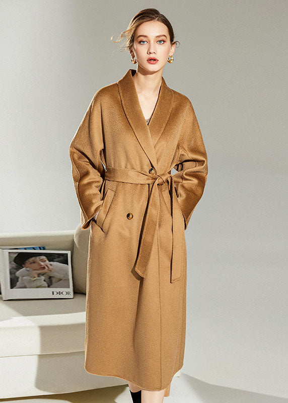 Italian Light Camel Turn-down Collar Double Breast Woolen Cinch Coat Winter