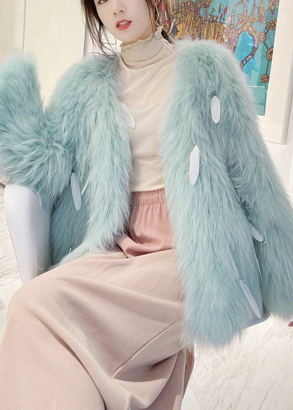 Italian Light Green Raccoon Hair Feather Tassel Coats Winter