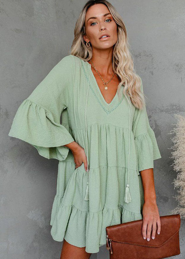 Italian Light Green Tasseled Patchwork Wrinkled Chiffon Dress Summer