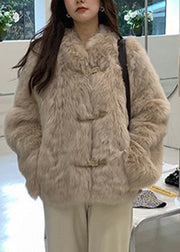 Italian Milk Tea Color O-Neck Pockets Leather And Fur Coats Long Sleeve