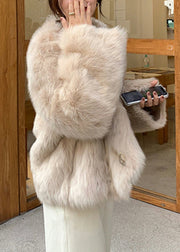 Italian Milk Tea Color O-Neck Pockets Leather And Fur Coats Long Sleeve