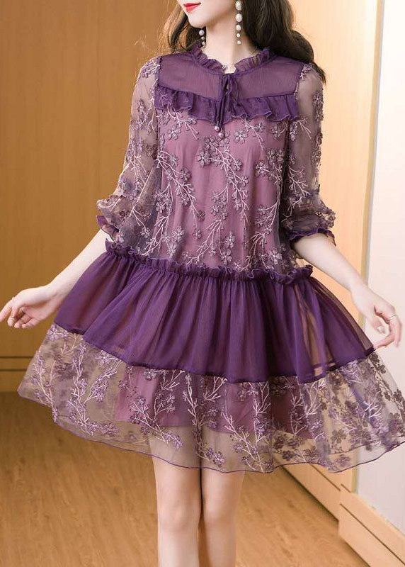 Italian Mulberry Embroideried Ruffled Patchwork Tulle Dress Half Sleeve