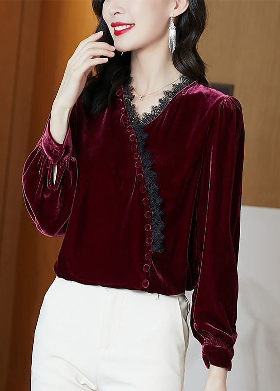 Italian Mulberry V Neck Silk Velour Top Long Sleeve