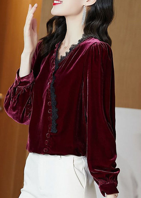 Italian Mulberry V Neck Silk Velour Top Long Sleeve