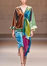 Italian Multicolor Asymmetrical Patchwork Silk Velvet Day Dress Fall