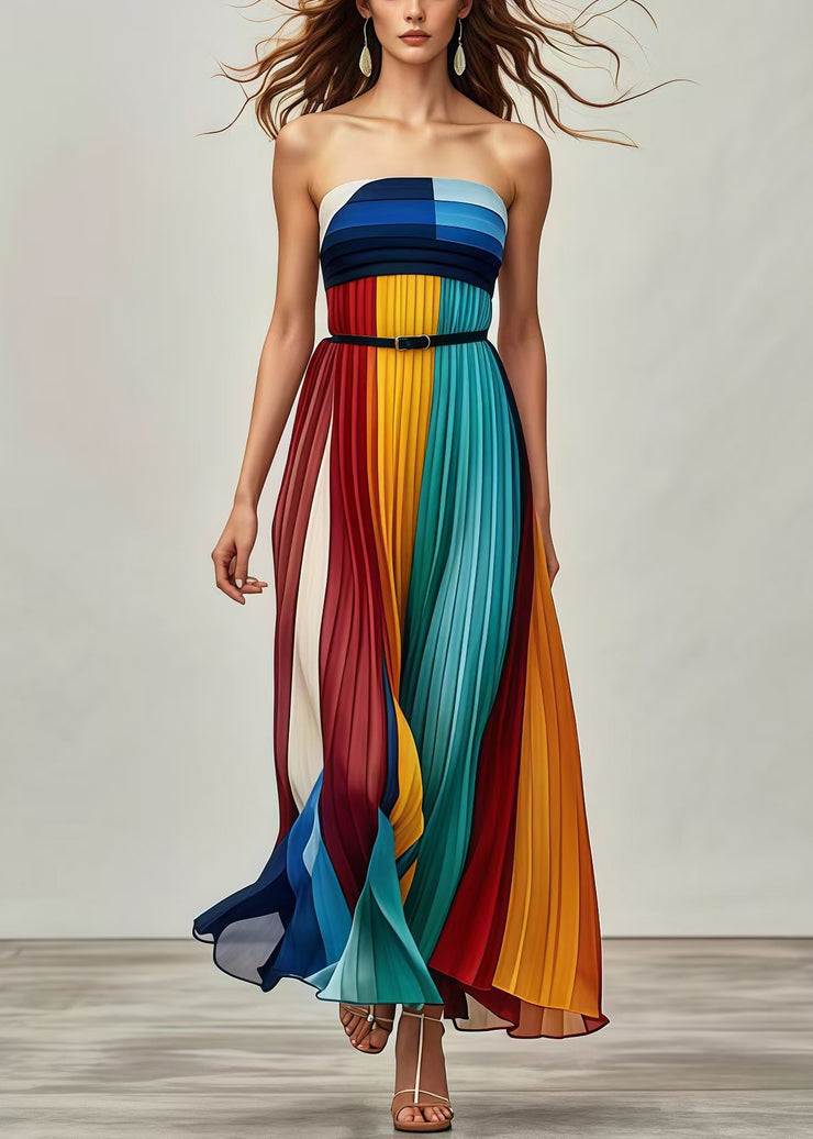 Italian Multicolor Patchwork Silm Fit Chiffon Strapless Pleated Dresses Summer