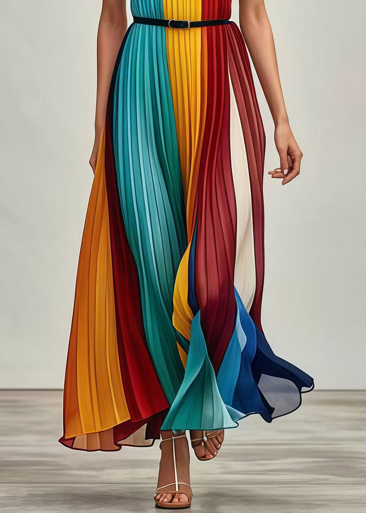 Italian Multicolor Patchwork Silm Fit Chiffon Strapless Pleated Dresses Summer