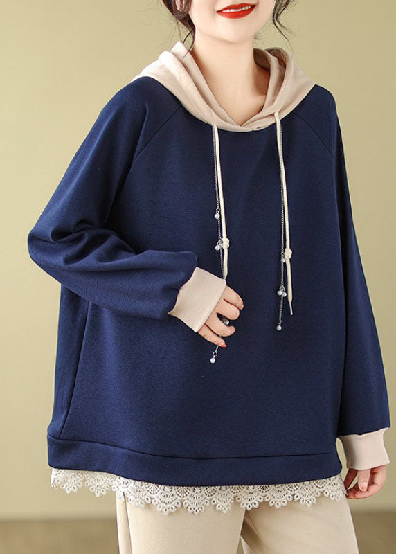 Italian Navy Blue Drawstring Lace Patchwork Fleece Hoodie Sweatshirts Long Sleeve