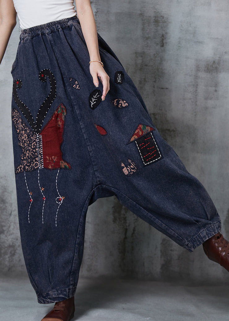 Italian Navy Embroidered Applique Denim Harem Pants Spring