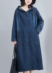 Italian Navy Hooded Oversized Denim Sweatshirt Dress Summer