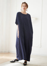 Italian Navy O Neck Jacquard Cotton Robe Dresses Summer