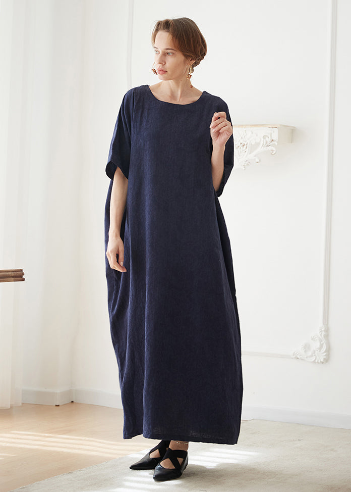 Italian Navy O Neck Jacquard Cotton Robe Dresses Summer