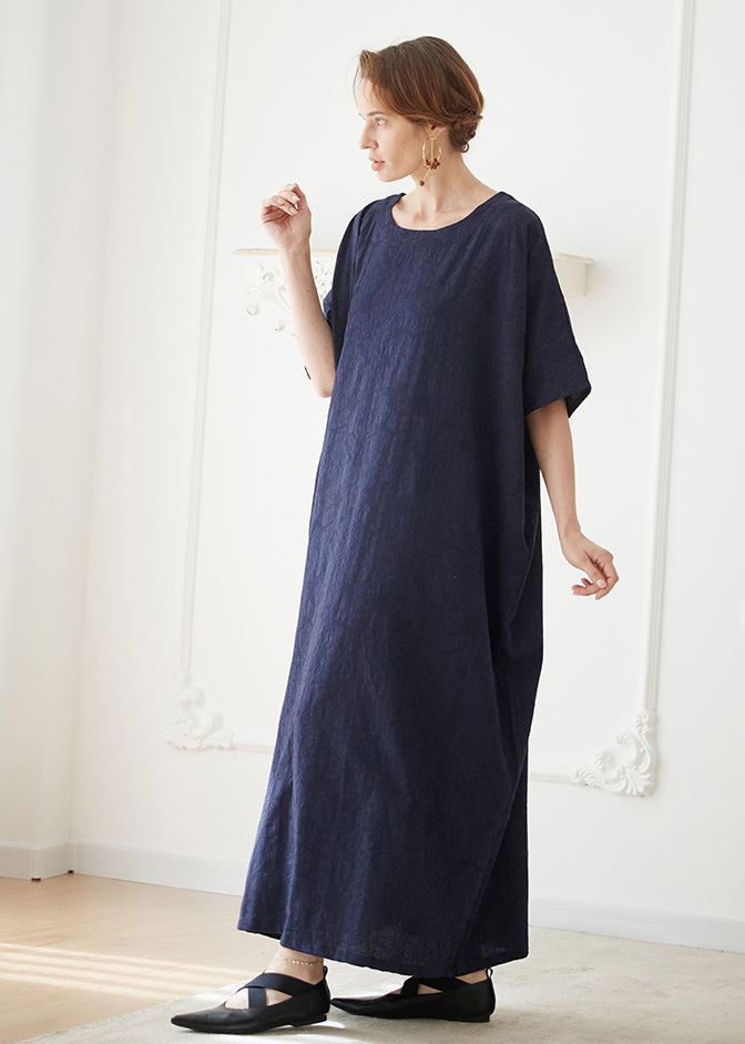 Italian Navy O Neck Jacquard Cotton Robe Dresses Summer